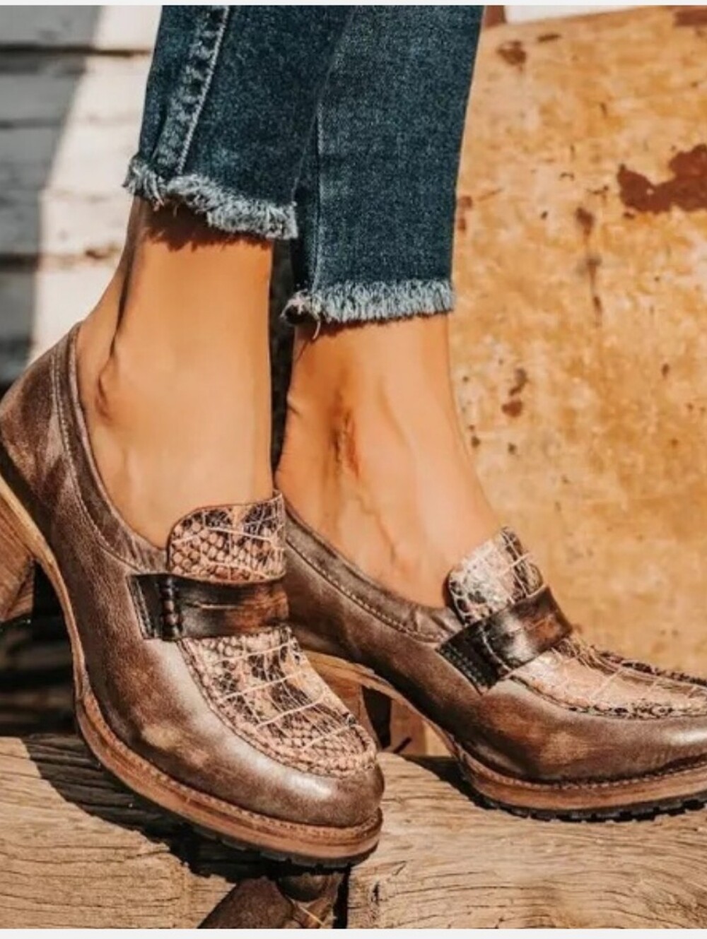 Freebird by Steven Bristol Brown Leather Snakeskin Heeled Penny Loafers Size 8